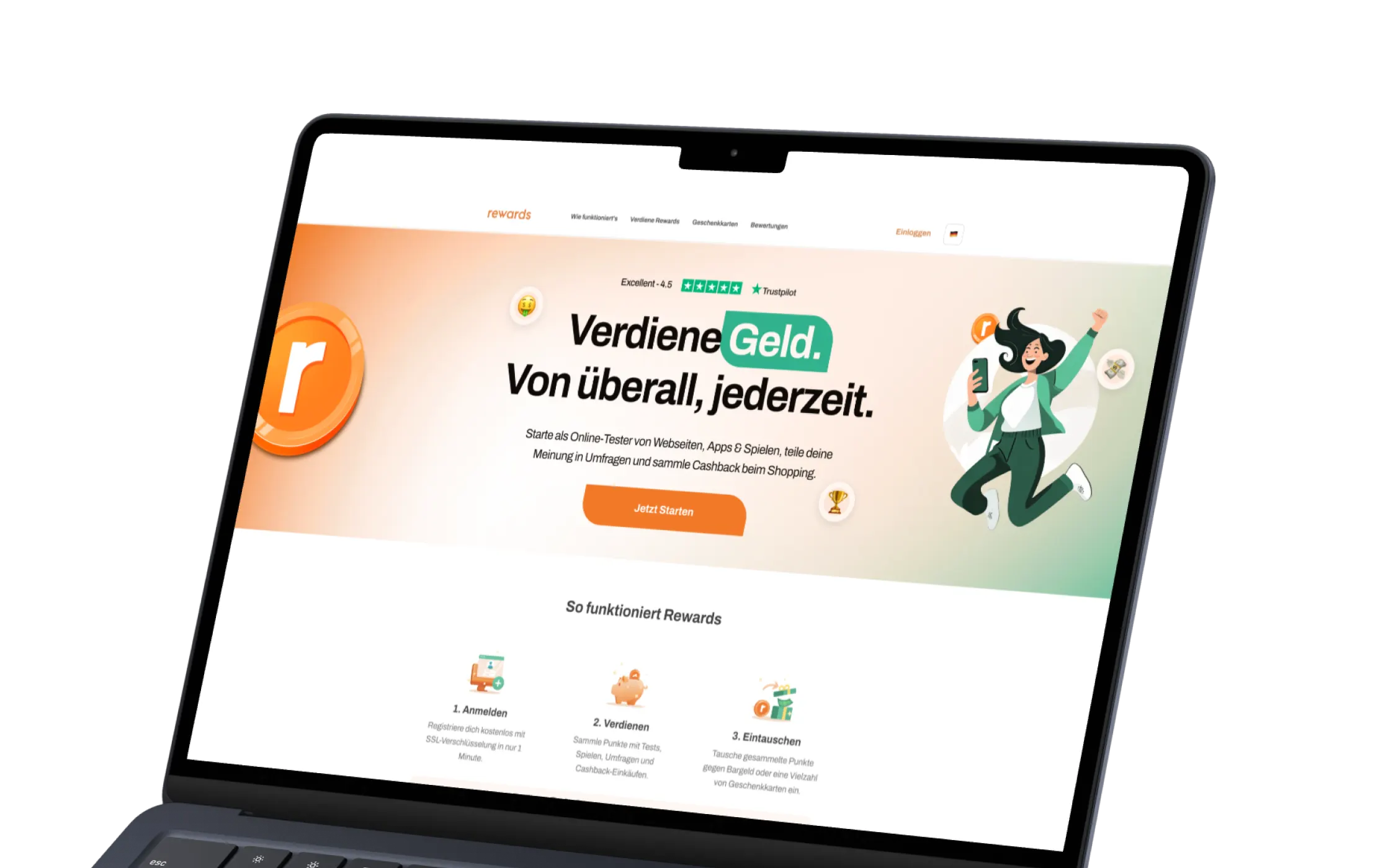 Rewards Homepage auf dem Laptop: Verdiene Geld. Von überall, jederzeit.